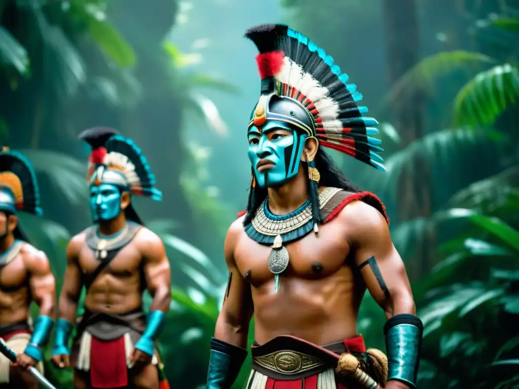 Un grupo de guerreros mayas en la selva, con armas de obsidiana y escudos, planeando estrategias