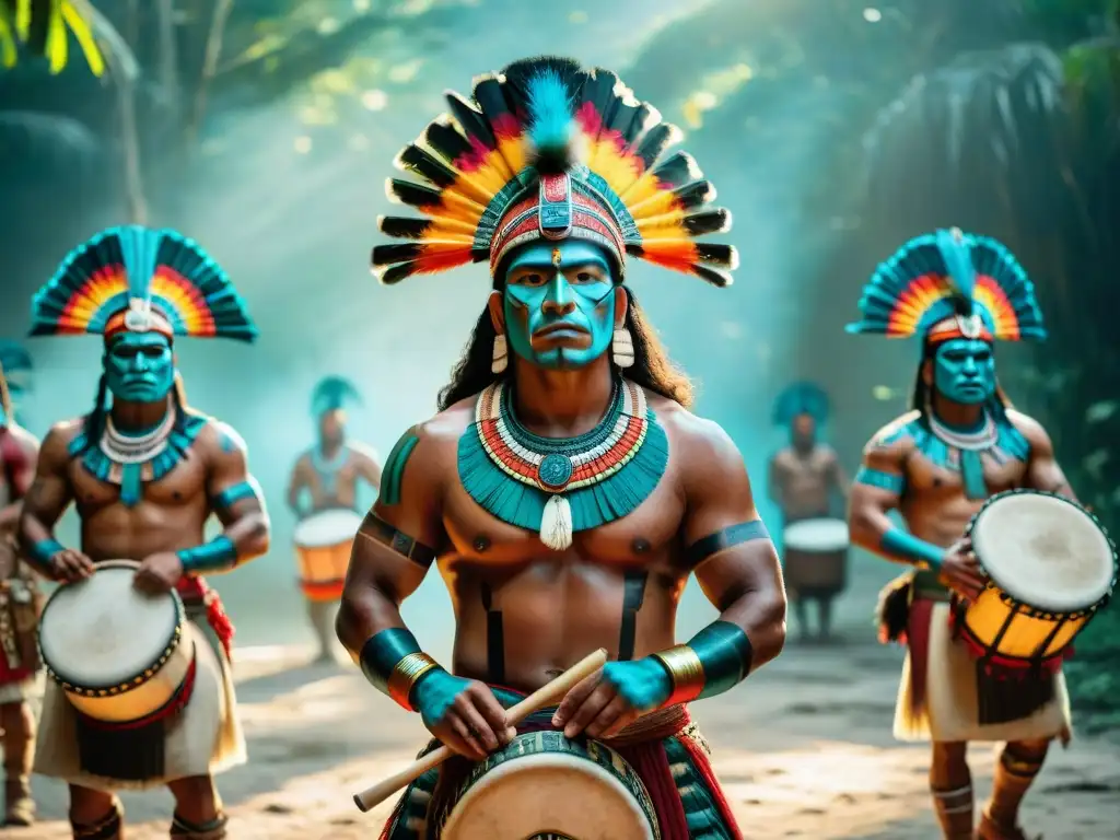 Un grupo de guerreros mayas en trajes de batalla tradicionales, listos para danza bélica en la jungla