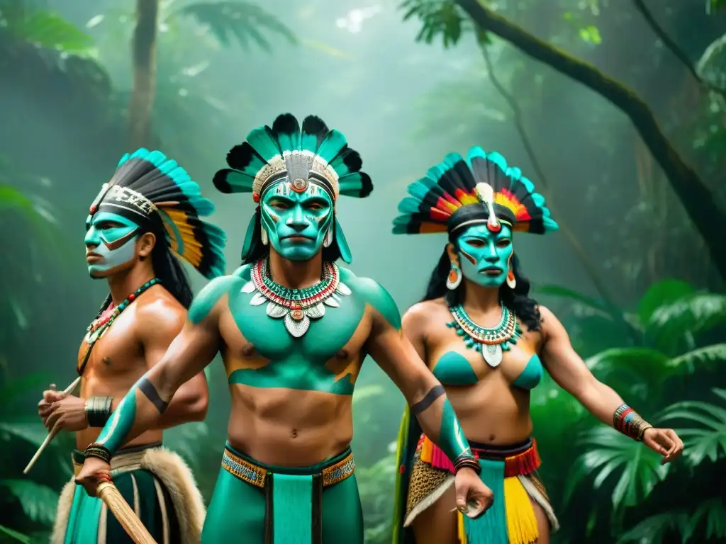 Un grupo de guerreros mayas en vestimenta tradicional realizando una danza ceremonial en la selva