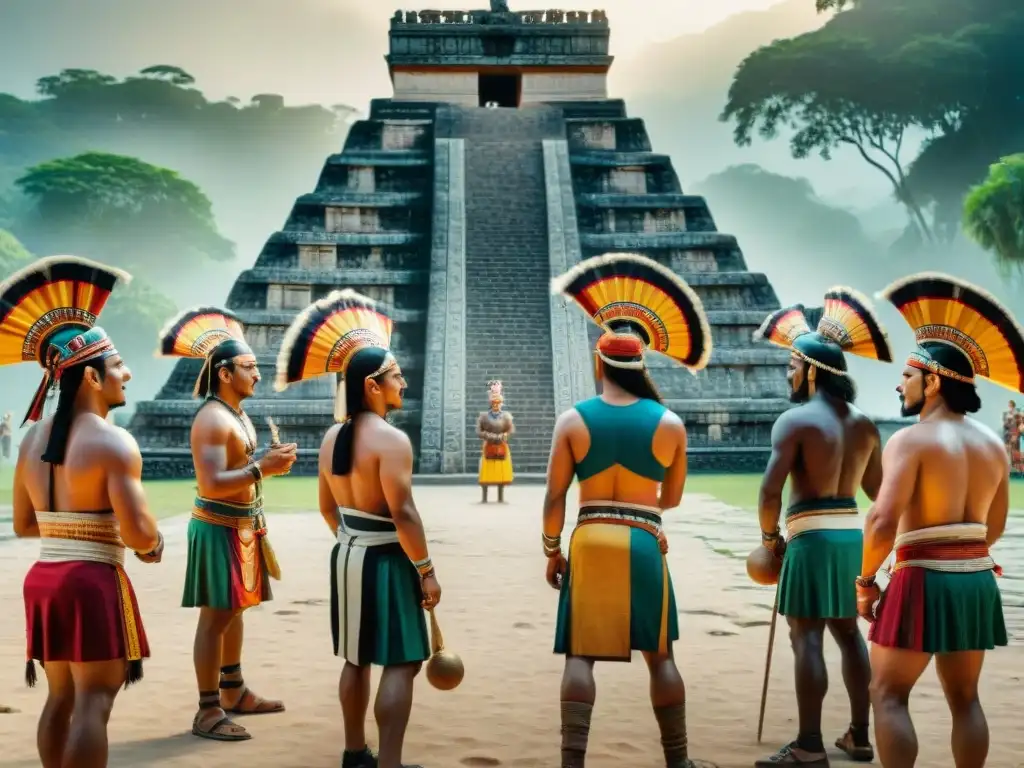 Grupo de hombres y mujeres mayas jugando un juego de pelota en una cancha de piedra, con headdresses y ropa colorida