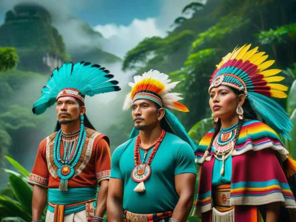 Un grupo de hombres y mujeres mayas vistiendo vestimenta ceremonial, en la selva tropical