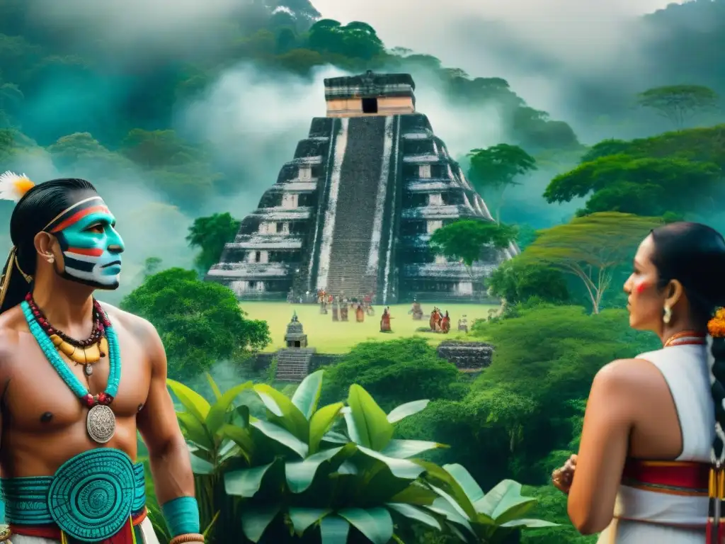 Retiro espiritual maya: conexión ancestral en la selva Grupo inmerso en un retiro espiritual maya educativo en la jungla, con un chamán liderando un ritual ceremonial