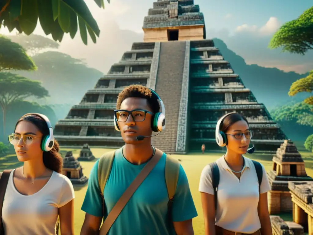 Un grupo de jóvenes estudiantes con gafas modernas exploran una reconstrucción 3D de una antigua ciudad Maya