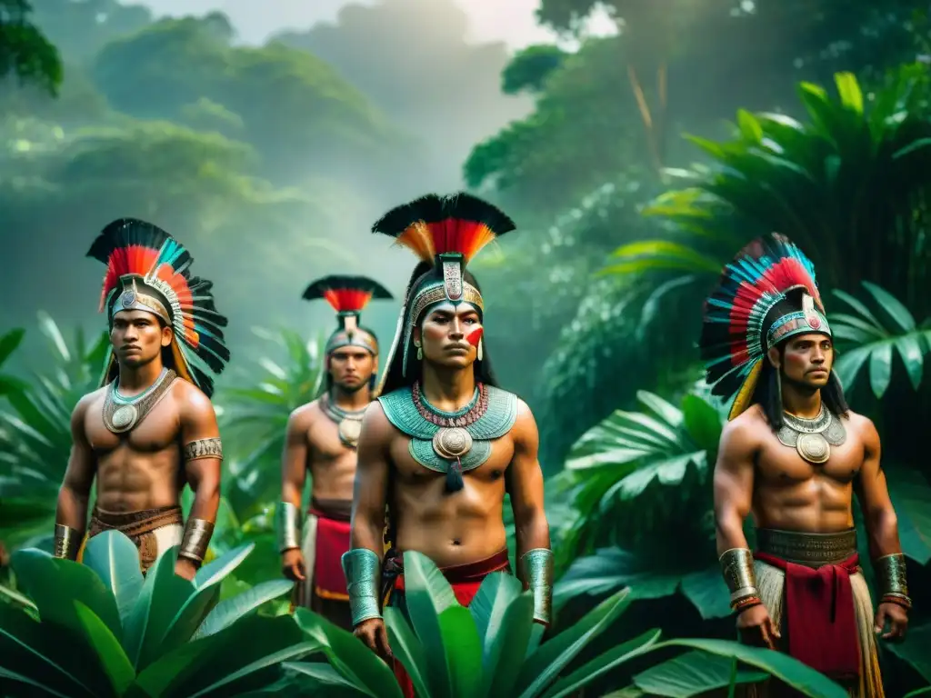 Un grupo de jóvenes guerreros mayas en un rito de paso, con atuendos tradicionales en la selva