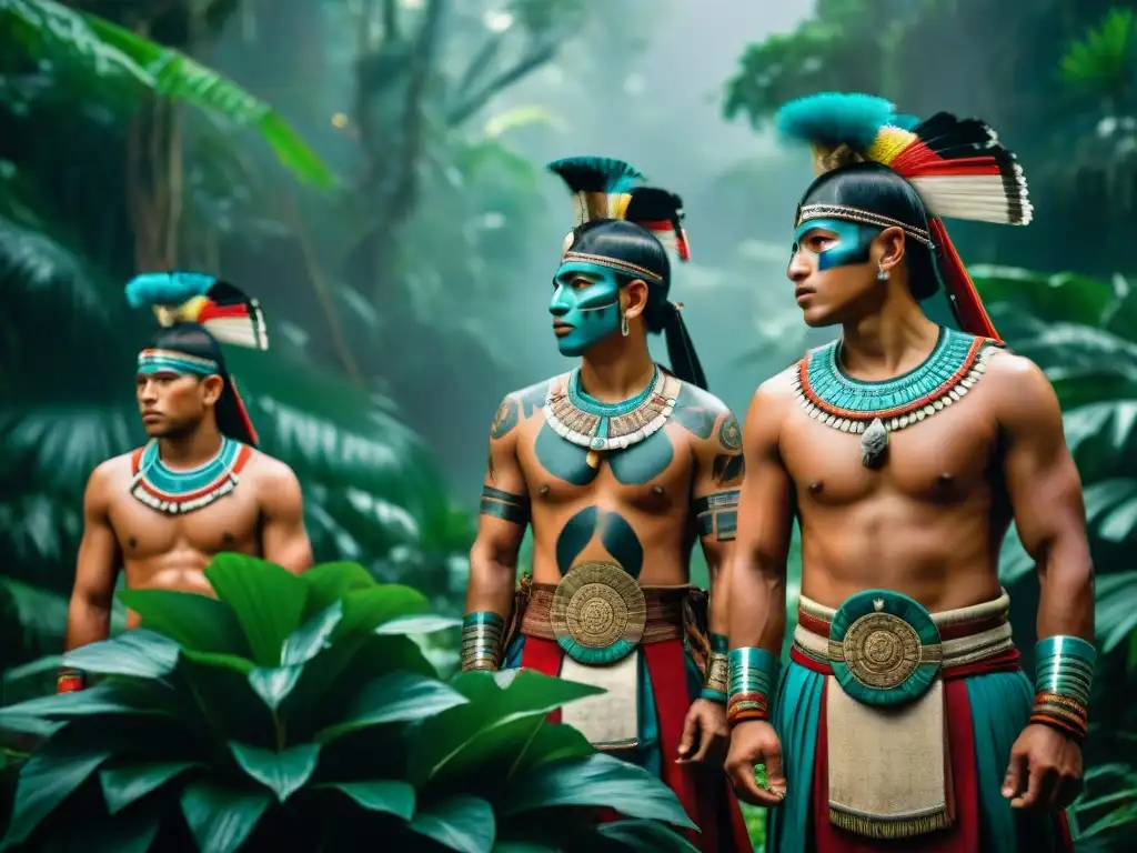 Un grupo de jóvenes guerreros mayas en el rito de paso, con atuendos tradicionales en la selva