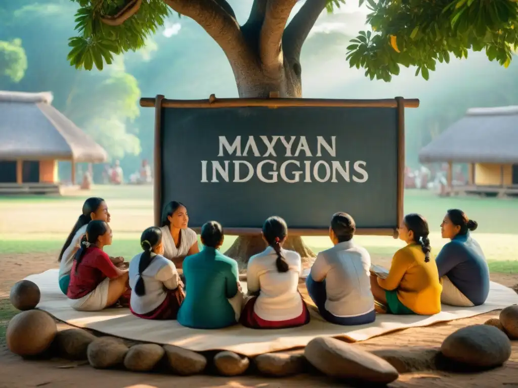 Un grupo de jóvenes indígenas escucha atentamente a su maestra maya, compartiendo historias en su idioma