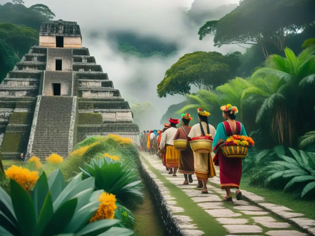 Un grupo de jóvenes mayas en atuendos tradicionales caminan por la selva con ofrendas, mostrando prácticas culturales mayas en la actualidad