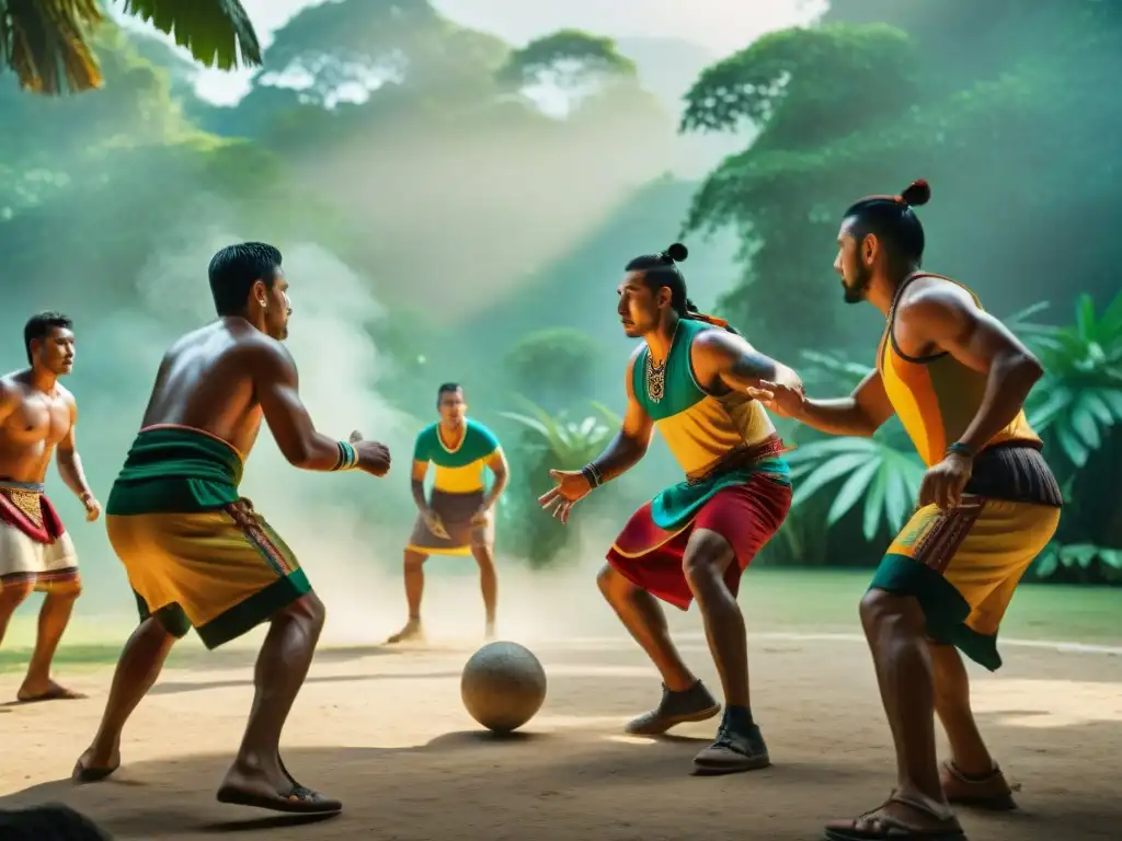 Grupo de jugadores modernos Mayas en intenso juego de pelota ulama tradición Maya entre exuberante selva