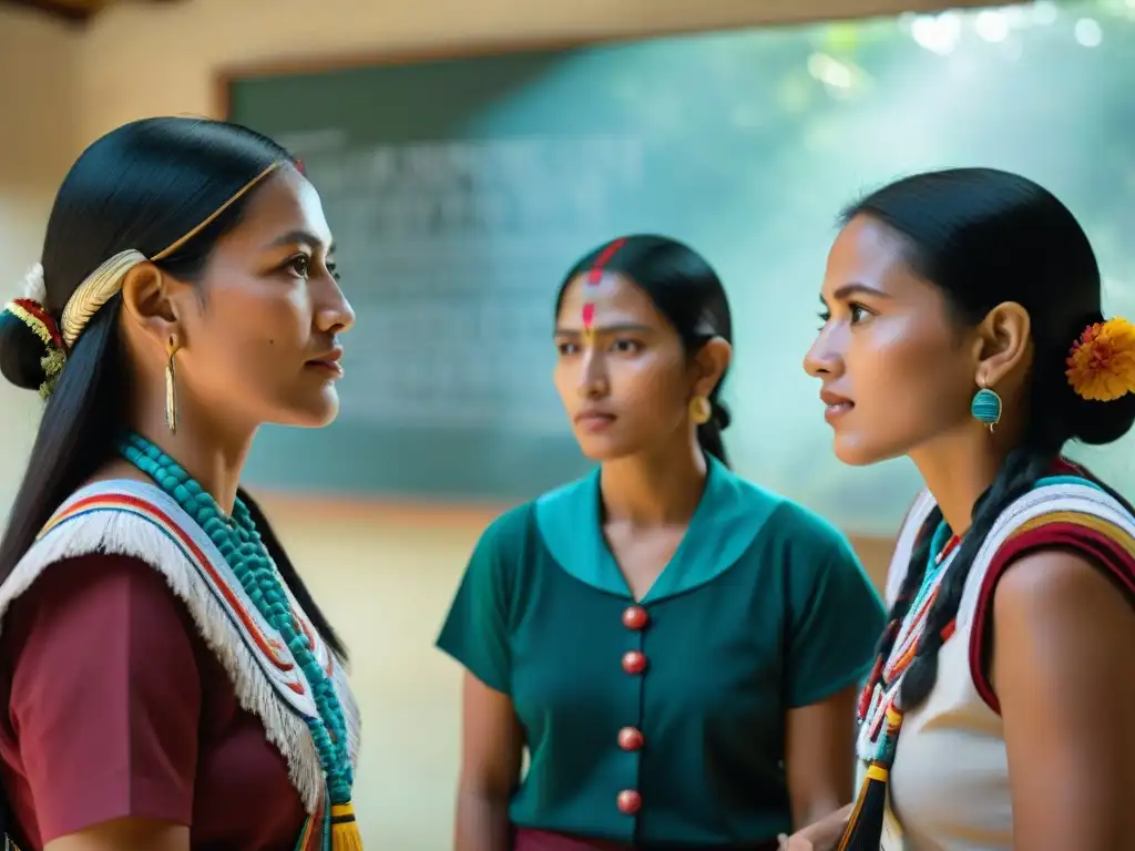 Grupo de maestros de lenguas mayas enseñando con pasión a estudiantes diversos en un aula moderna