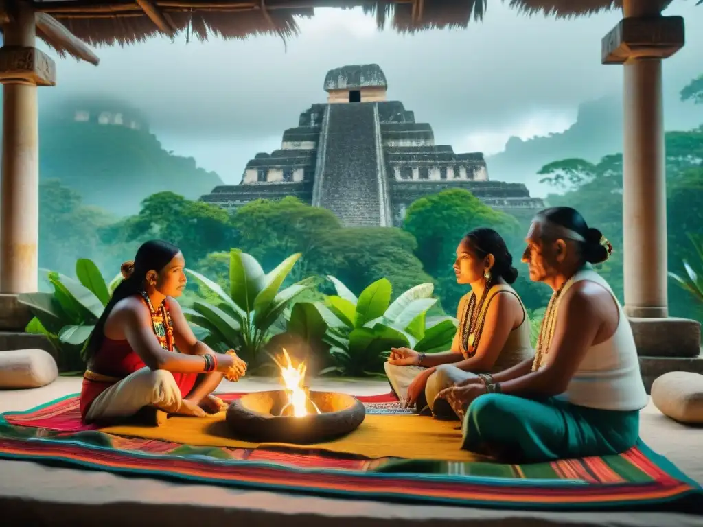 Grupo Maya preservando lenguas, rodeados de textiles coloridos y artefactos antiguos en un taller tradicional