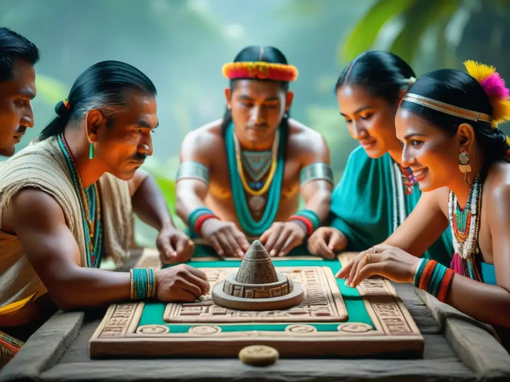 Grupo maya juega Patolli rodeado de naturaleza y vestimenta tradicional, reflejando juegos tradicionales mayas y estructura social