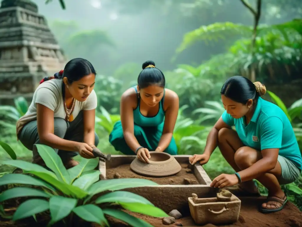 Grupo maya preservando tradiciones en sitio arqueológico, guiados por arqueólogo