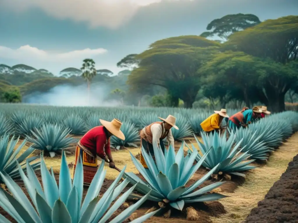 Grupo de mayas cosechando agave bajo el sol, en una escena tradicional que destaca el papel del pulque en sociedad maya