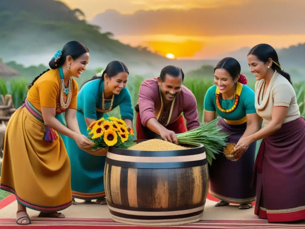 Grupo de mayas preparando Balché al atardecer con ingredientes coloridos