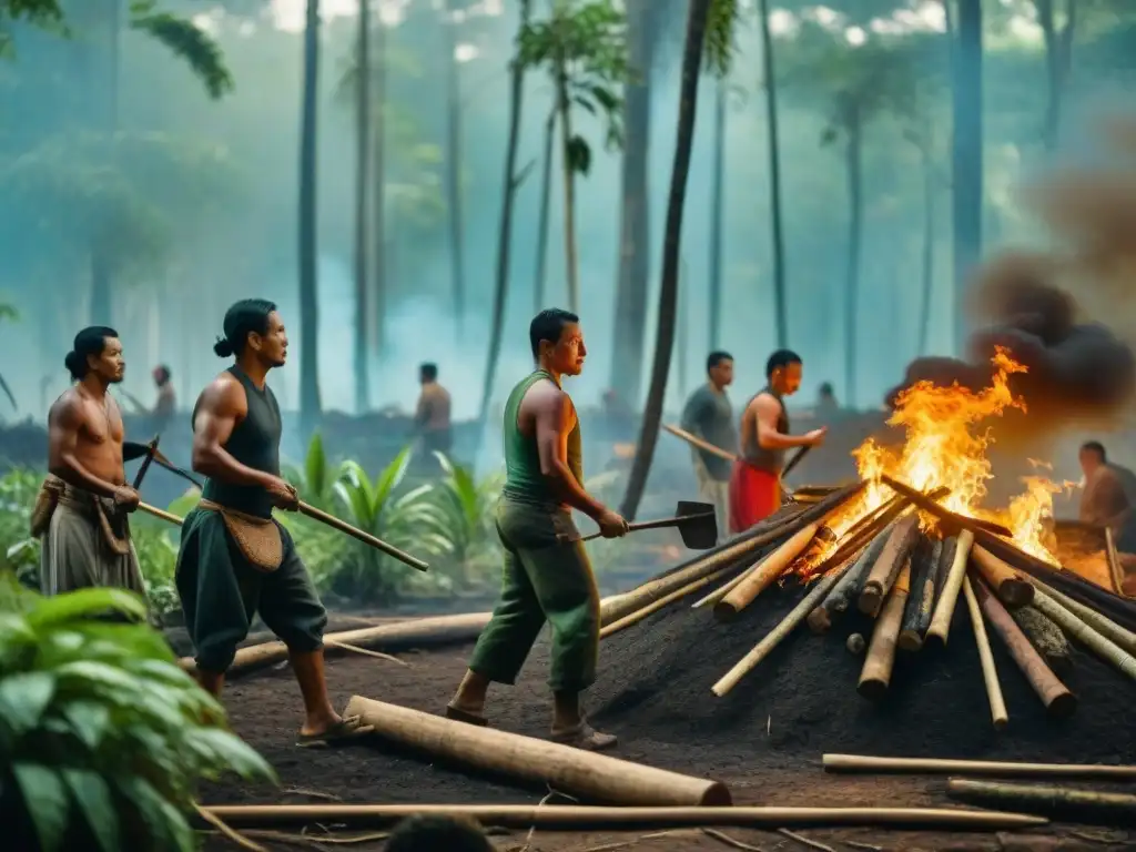 Un grupo de mayas crea una brecha de fuego en un bosque exuberante, usando herramientas tradicionales