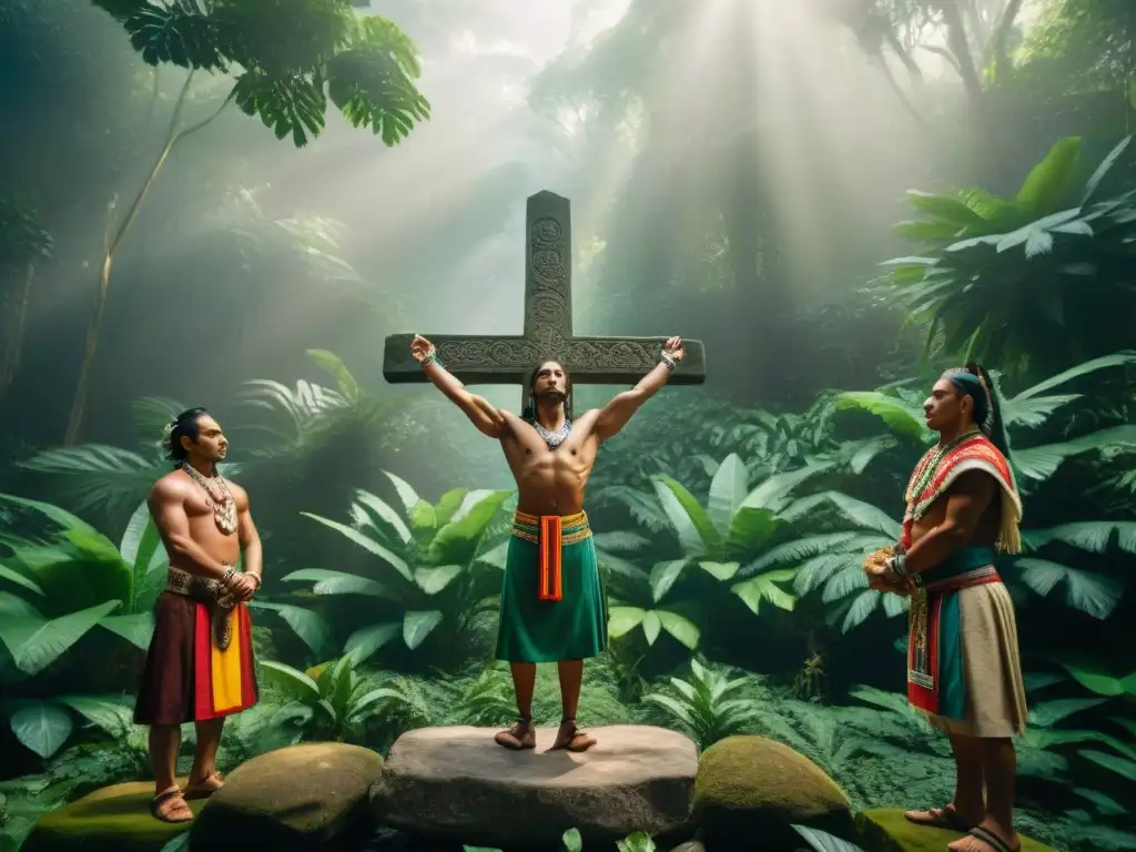 Un grupo de mayas modernos realiza una ceremonia alrededor de una cruz maya en la selva, destacando el significado de la cruz maya en la actualidad