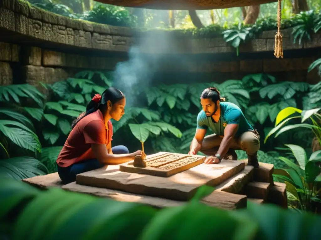 Grupo de mayas restaurando ruinas antiguas en la selva con financiamiento proyectos conservación cultura maya