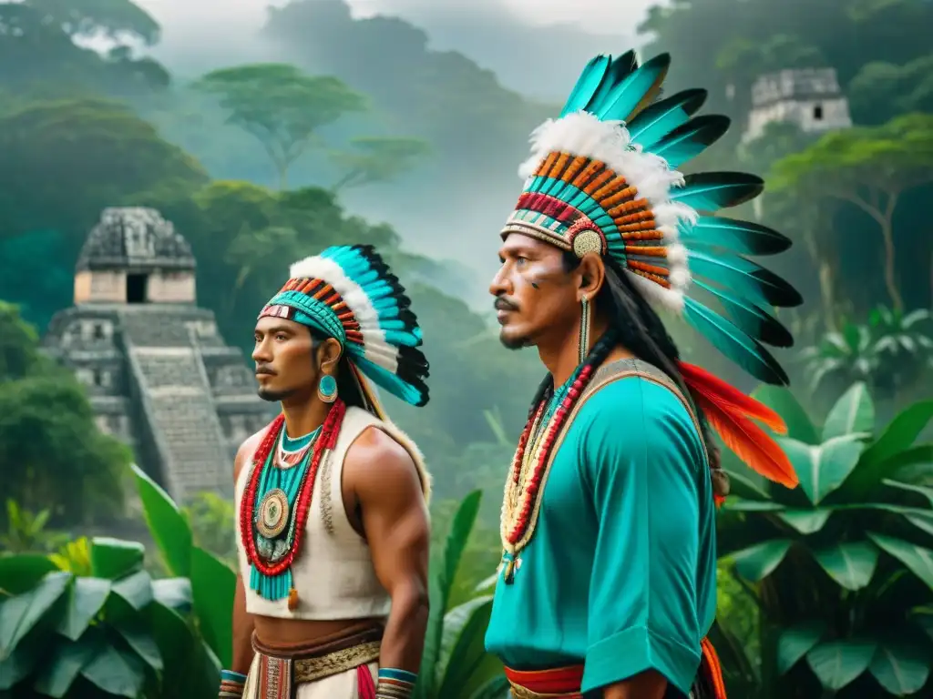 Un grupo de mensajeros diplomáticos mayas intercambiando mensajes ceremoniales en la selva