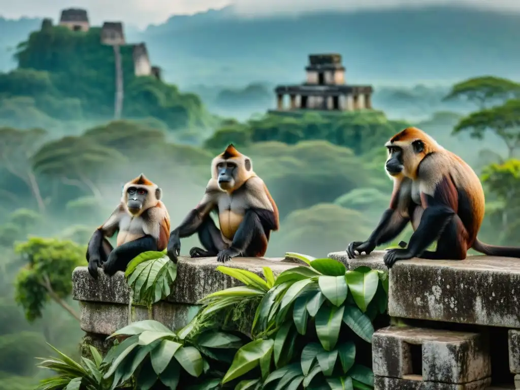 Grupo de monos aulladores en ruinas Mayas, destacando la importancia primates en mundo Maya