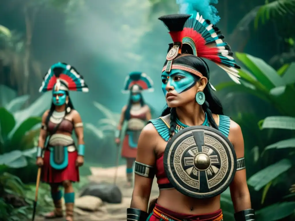 Un grupo de Mujeres en conflictos mayas, guerreras con atuendos tradicionales, listas para la batalla en la selva ancestral