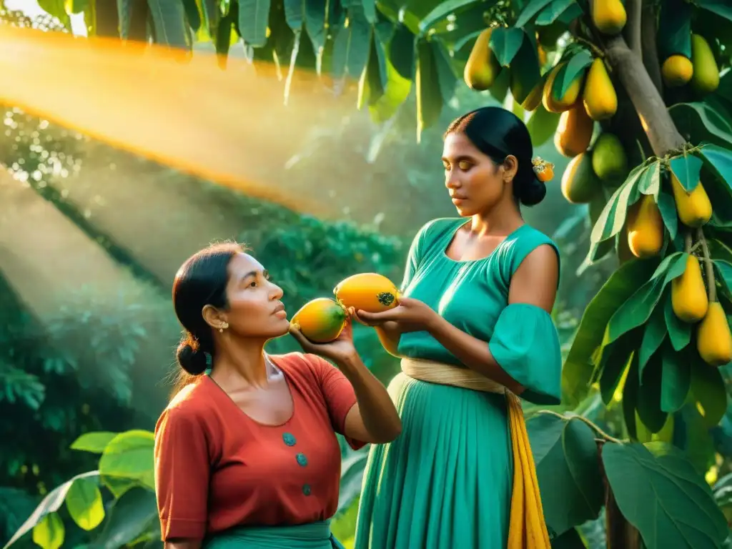 Grupo de mujeres Maya cosechando papayas bajo el sol, mostrando tradición, salud y belleza