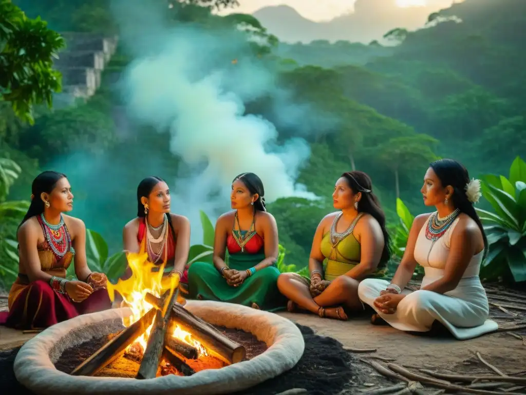 Un grupo de Mujeres en la Cosmovisión Maya reunidas alrededor de un fuego sagrado en la selva, vestidas con textiles y joyas vibrantes, en un ritual lleno de reverencia y empoderamiento