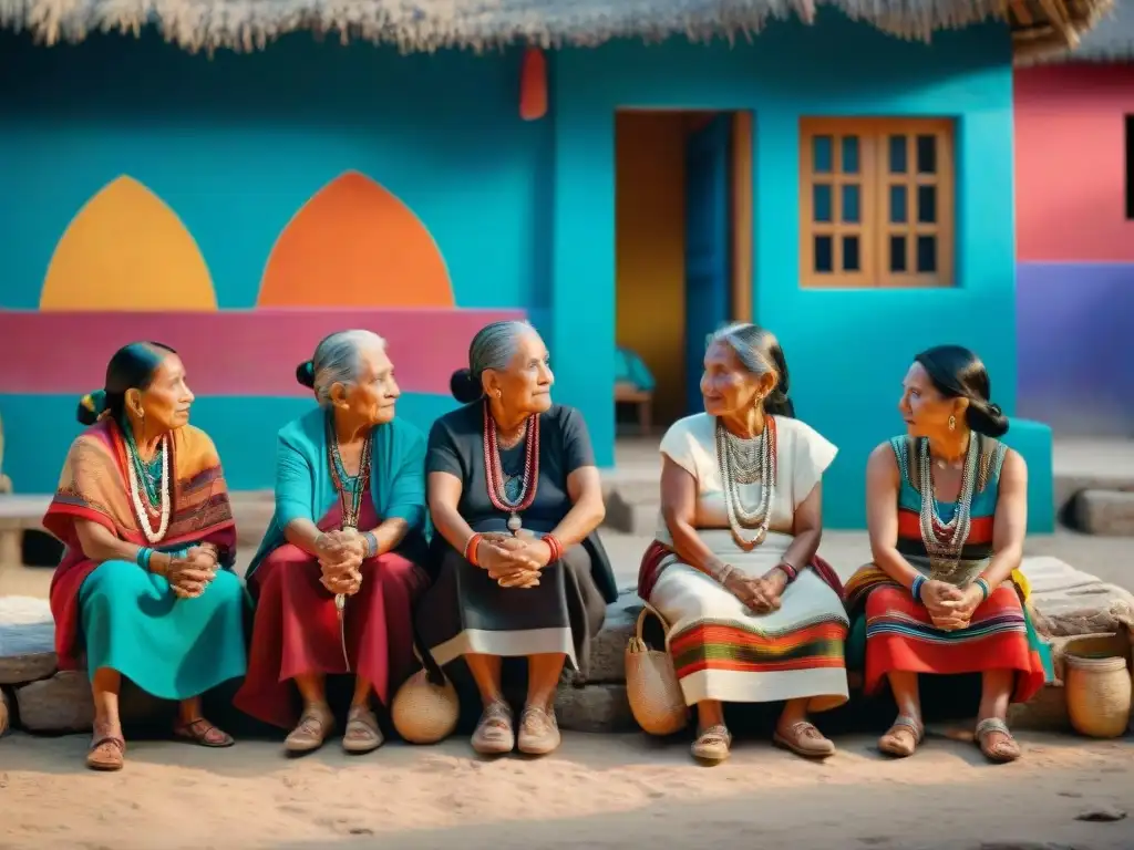 Grupo de mujeres mayas ancianas charlando en un pueblo tradicional, rodeadas de textiles y artefactos antiguos