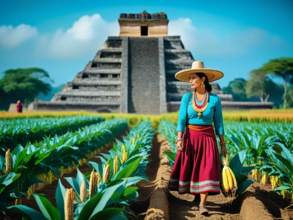 Grupo de mujeres mayas en campo cultivando maíz, en armonía con la naturaleza y su legado cultural