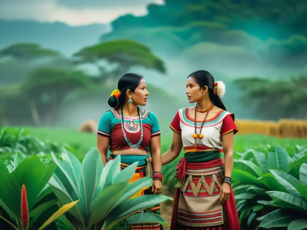 Mujeres mayas trabajando en campo agrícola Un grupo de mujeres mayas trabajando en un campo agrícola, resaltando la conexión entre mujeres, tierra y cultura maya