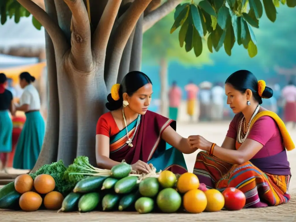 Grupo de mujeres mayas tejiendo bajo un ceiba, reflejando el turismo cultural en comunidades maya