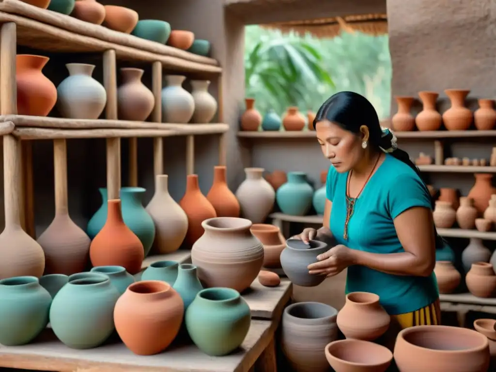 Grupo de mujeres mayas creando cerámica con destreza y orgullo, resaltando la importancia del papel de la mujer en la cerámica maya