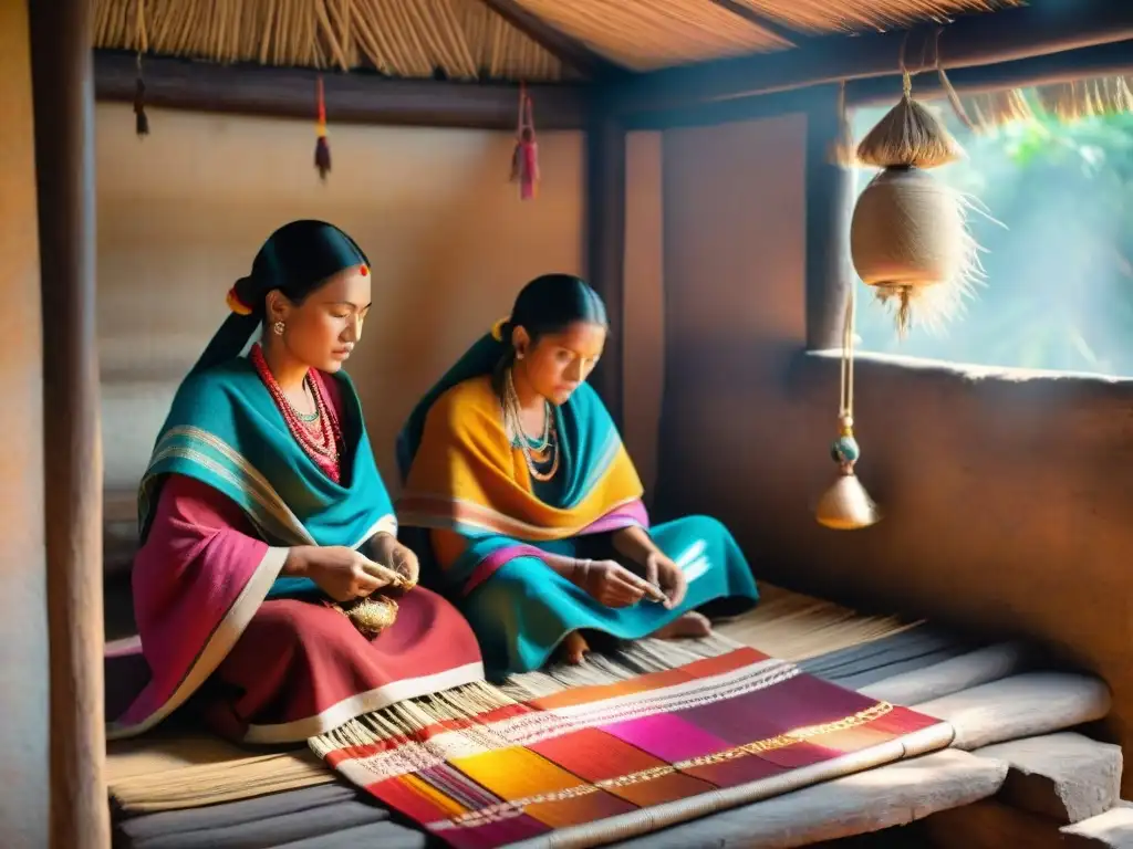 Grupo de mujeres mayas tejiendo en una choza de paja, rodeadas de textiles coloridos