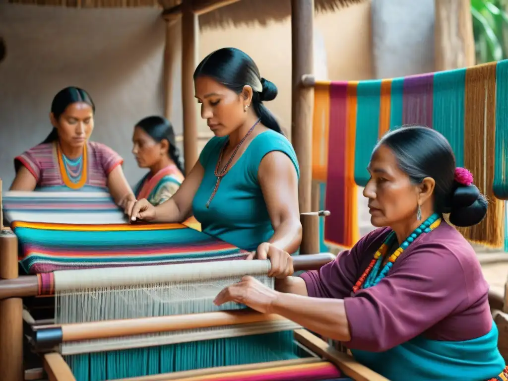 Grupo de mujeres mayas tejiendo en telar de cintura, conectadas con la tradición textil maya en hogar acogedor