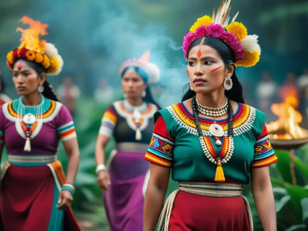 Grupo de mujeres mayas en colorida vestimenta tradicional danzando alrededor de un fuego sagrado en ceremonia ancestral