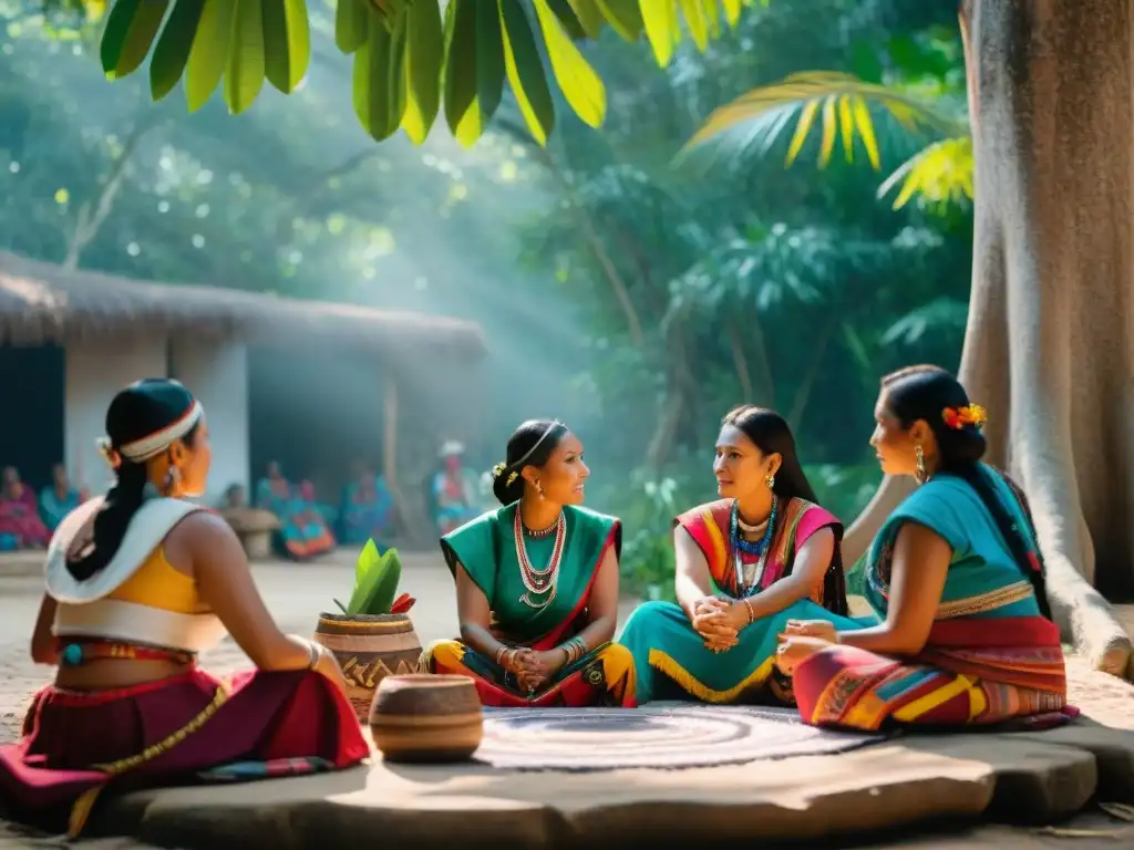 Grupo de mujeres mayas en coloridos trajes debatiendo bajo ceiba, reflejando cultura y negocios lengua maya