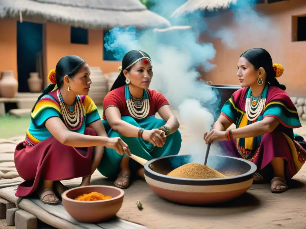 Mujeres mayas preparando comida tradicional en comunidad Un grupo de mujeres mayas preparando comida juntas en una olla grande, destacando el rol de la mujer maya en la comunidad