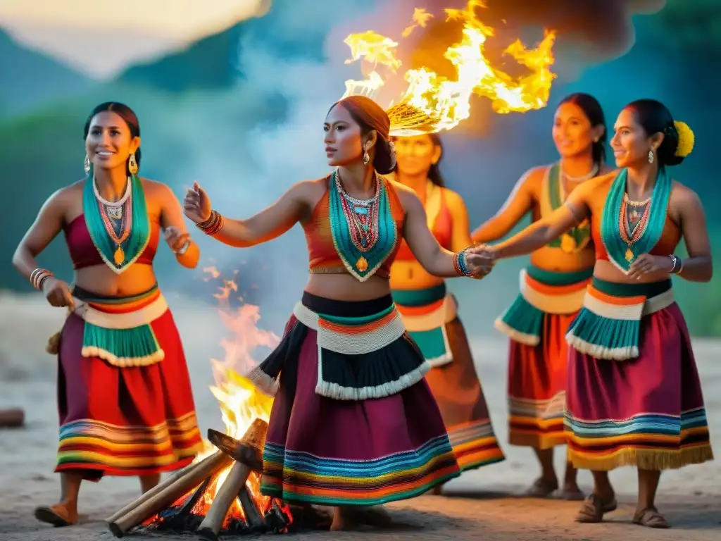 Grupo de mujeres mayas en danza ceremonial alrededor de fogata, mostrando roles de las mujeres mayas en comunidad y tradición