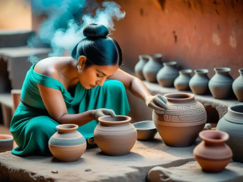 Grupo de mujeres mayas expertas en cocción cerámica tradicional, creando vasijas a mano en un entorno ancestral