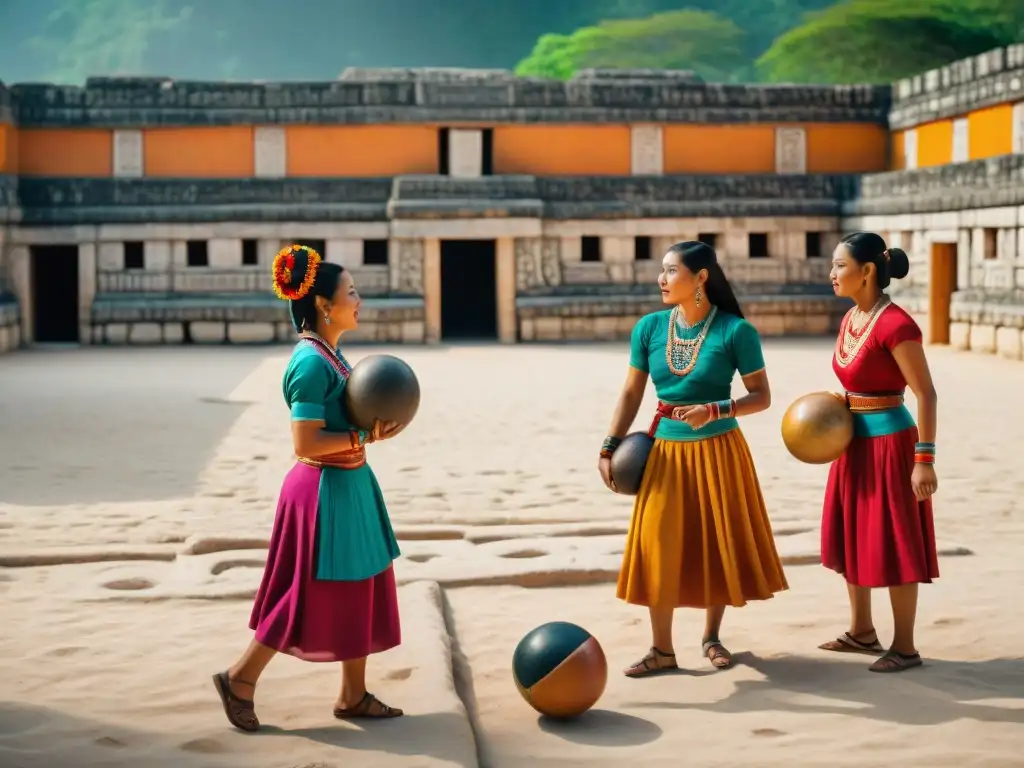 Un grupo de mujeres mayas juega con gracia en un antiguo campo de pelota, reflejando el papel femenino en deportes mayas