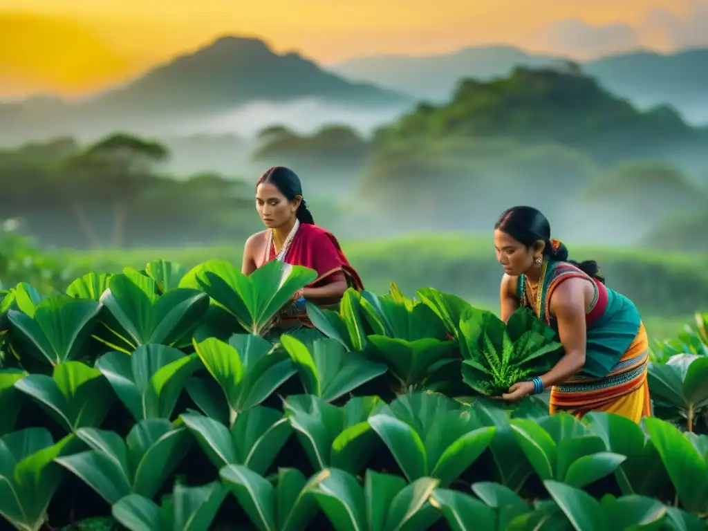 Un grupo de mujeres mayas cosechando hojas verdes de chaya en un campo tropical, mostrando la conexión entre la cultura y los Beneficios chaya superalimento maya