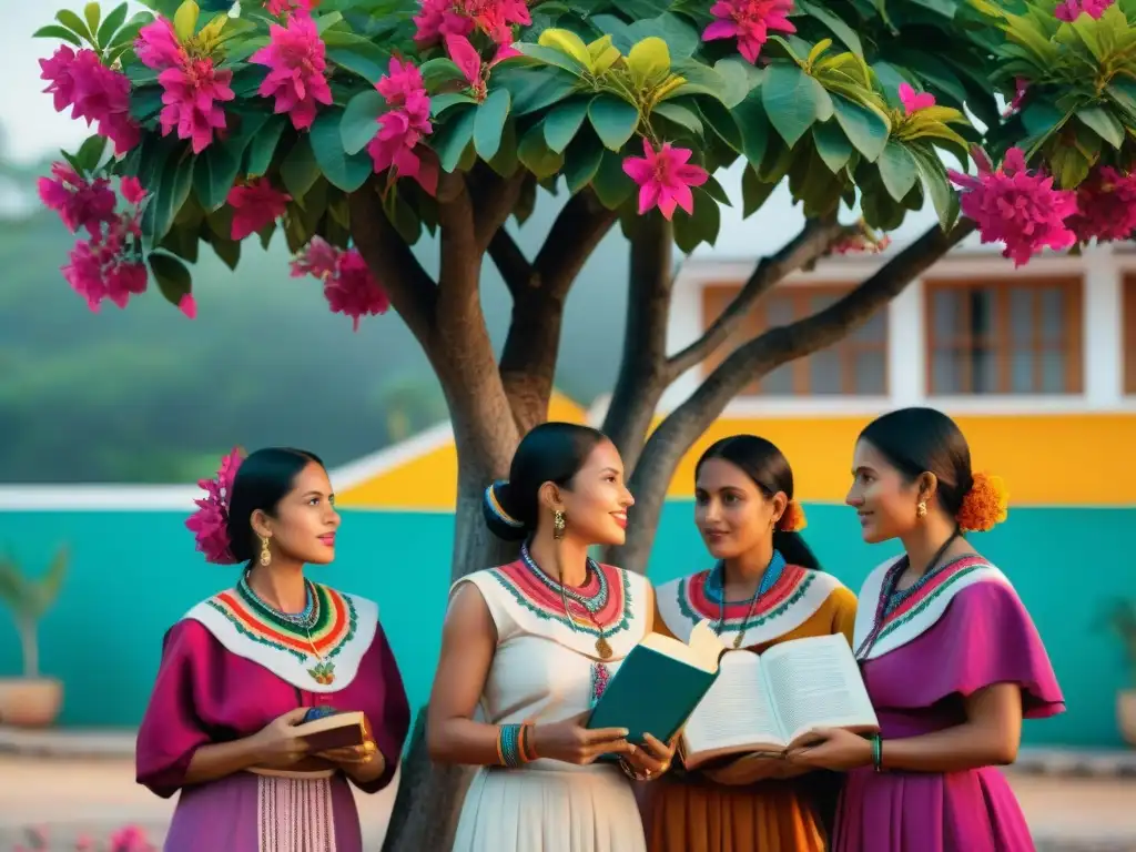 Grupo de mujeres mayas en huipiles bordados y paliacates coloridos bajo un árbol, discutiendo animadamente