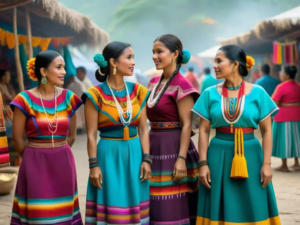 Grupo de mujeres mayas en huipiles coloridos y tocados tejidos, conversando en un mercado vibrante