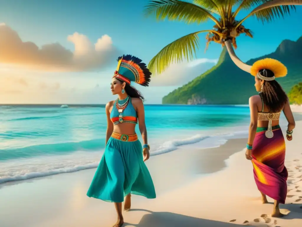 Grupo de mujeres mayas con influencia caribeña en moda, caminando por la playa bajo la luz dorada del sol