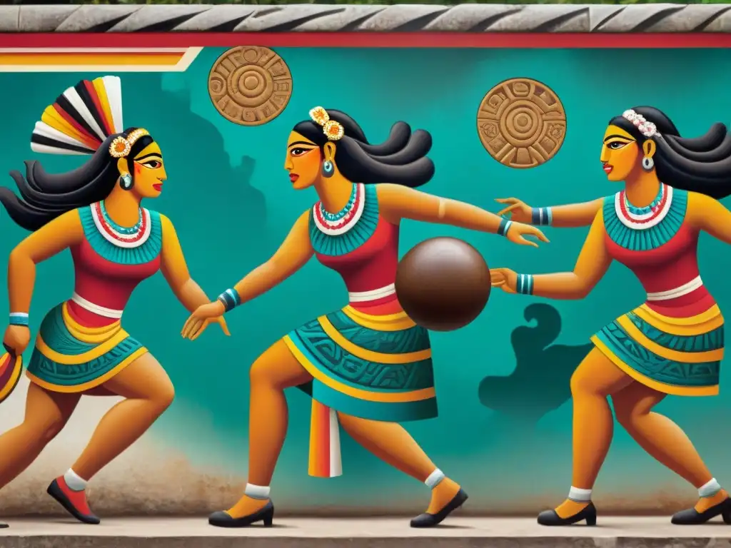 Grupo de mujeres mayas compitiendo en un juego de pelota, resaltando el papel femenino en deportes mayas