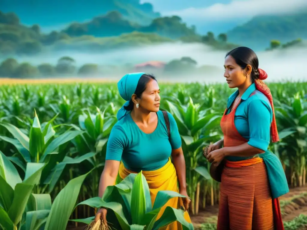 Un grupo de mujeres mayas trabajando juntas en un campo agrícola vibrante bajo el sol, mostrando sus roles en la agricultura