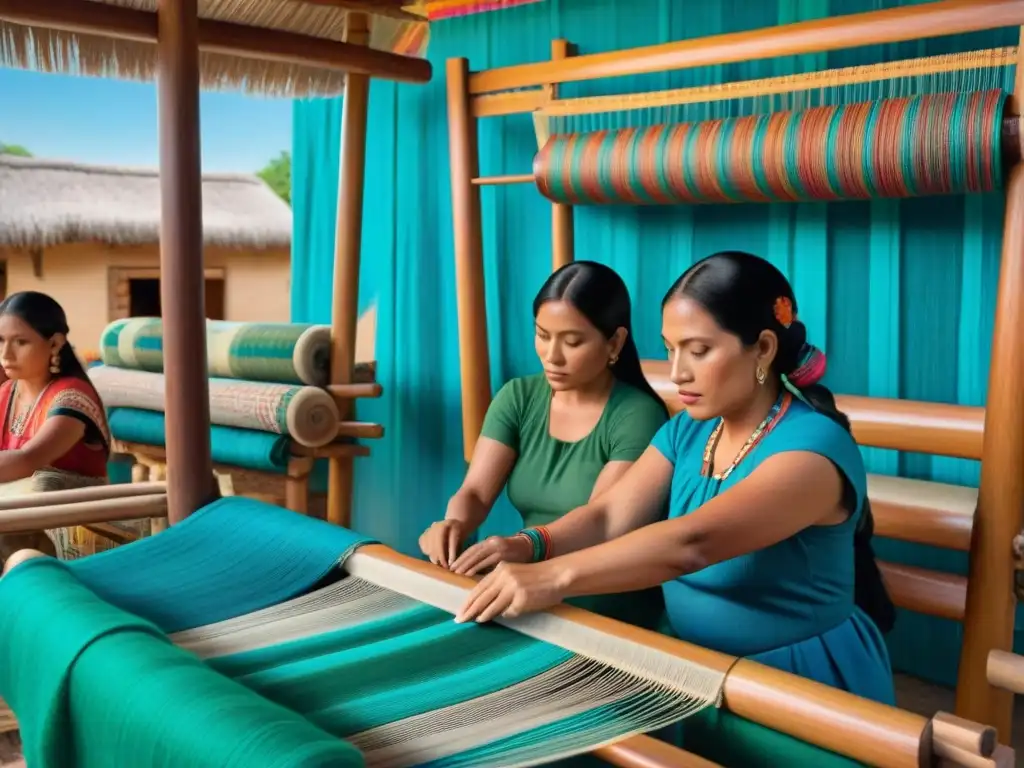 Grupo de mujeres mayas tejiendo patrones tradicionales con colores vibrantes y texturas en telares de madera, en un entorno cultural y natural