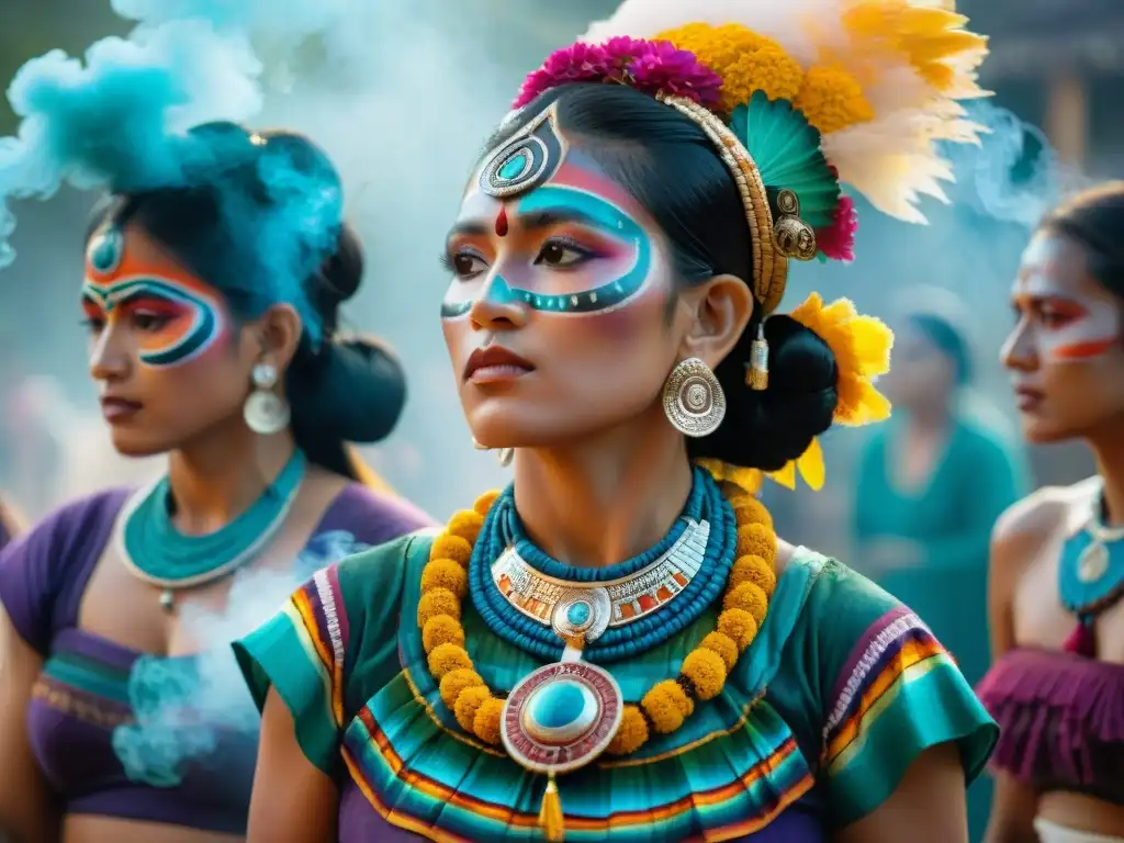 Grupo de mujeres mayas en ritual sagrado al amanecer, con huipiles coloridos y joyas, rodeadas de humo de copal en templo antiguo