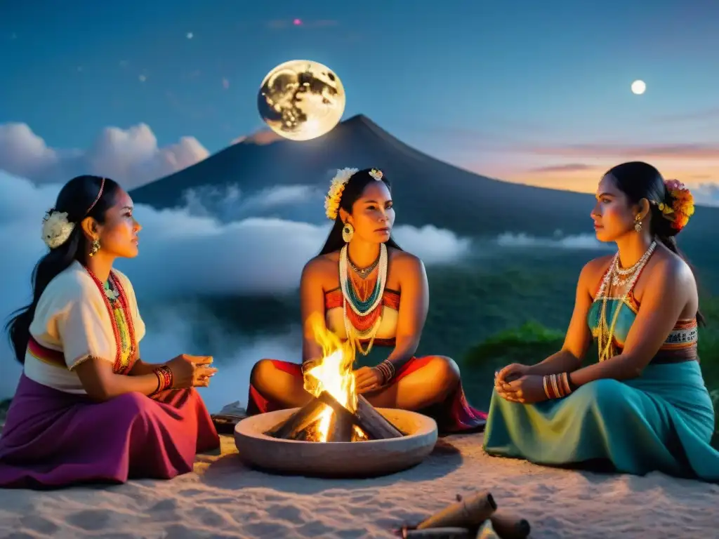 Un grupo de mujeres mayas en un ritual nocturno alrededor de un fuego sagrado, con simbolismo de la Luna y la Diosa Ixchel