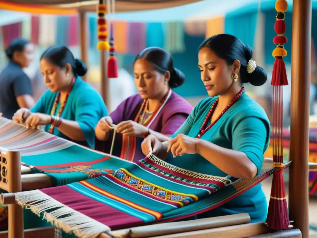 Grupo de mujeres mayas tejiendo textiles tradicionales en mercado vibrante