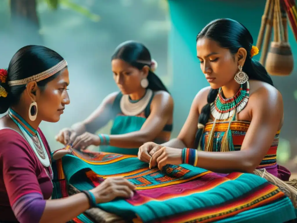 Grupo de mujeres mayas tejiendo textiles, resaltando la importancia de la mujer en la civilización Maya